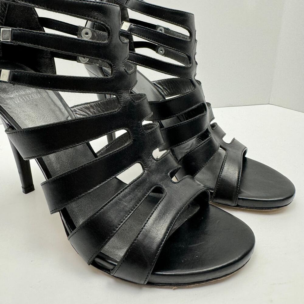 Stuart Weitzman Outing Black Leather Strappy Cage Studded Stiletto Heel Sandal - Picture 7 of 12